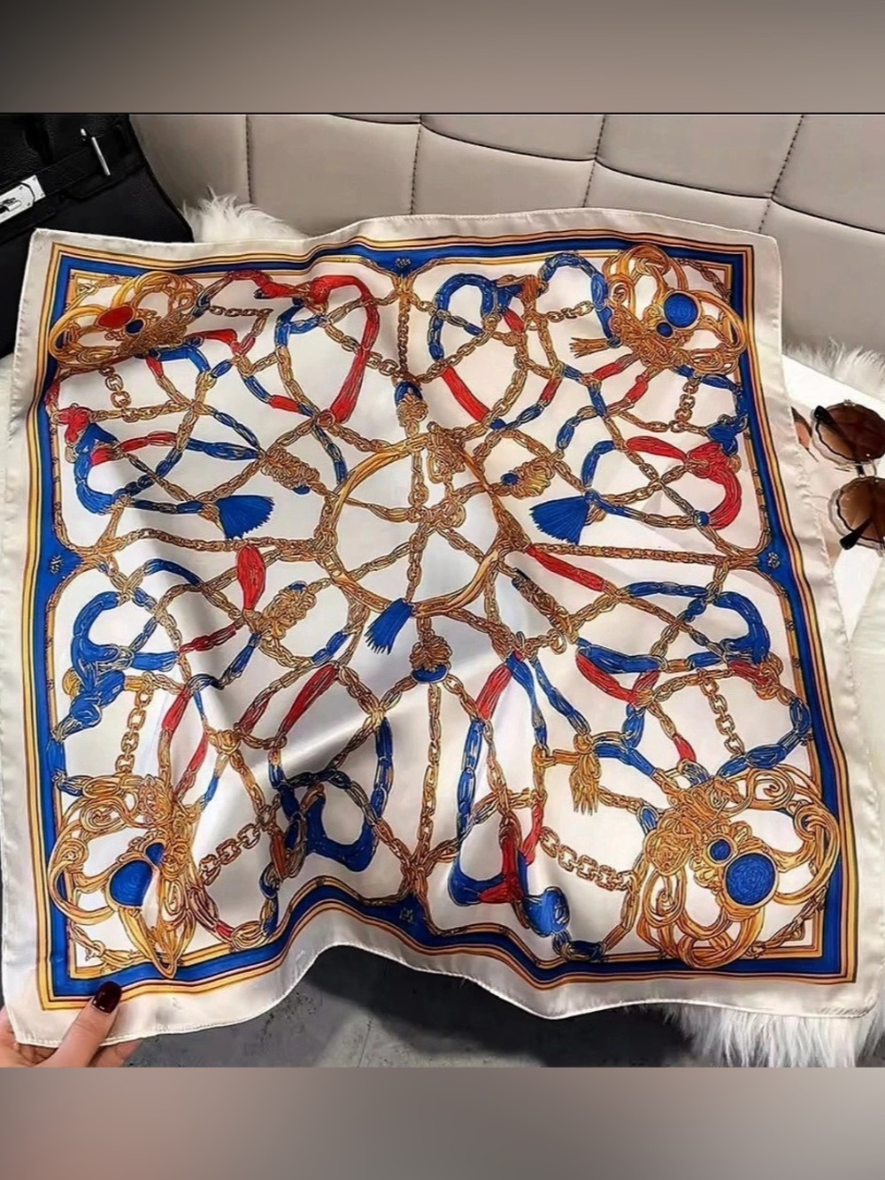 Chain Print Scarf in White & Blue Like New
